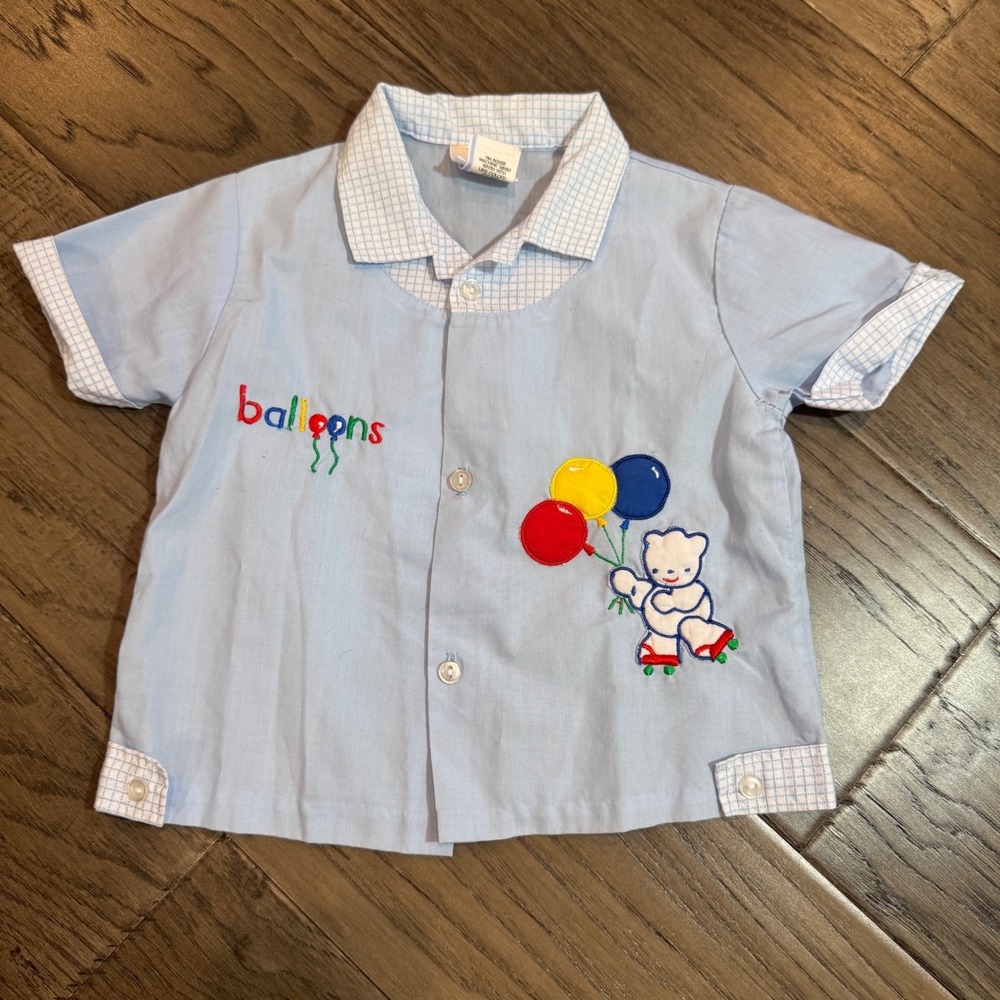 Vintage Mayfair Baby Shirt 24 Months Balloons Bear Embroidered‎ Short Sleeve